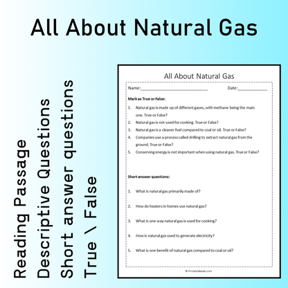 All About Natural Gas | Reading Comprehension Passage Printable Worksheet