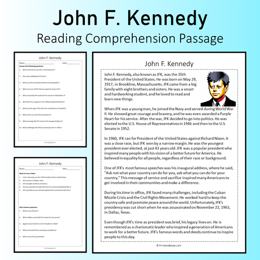 John F. Kennedy | Reading Comprehension Passage Printable Worksheet