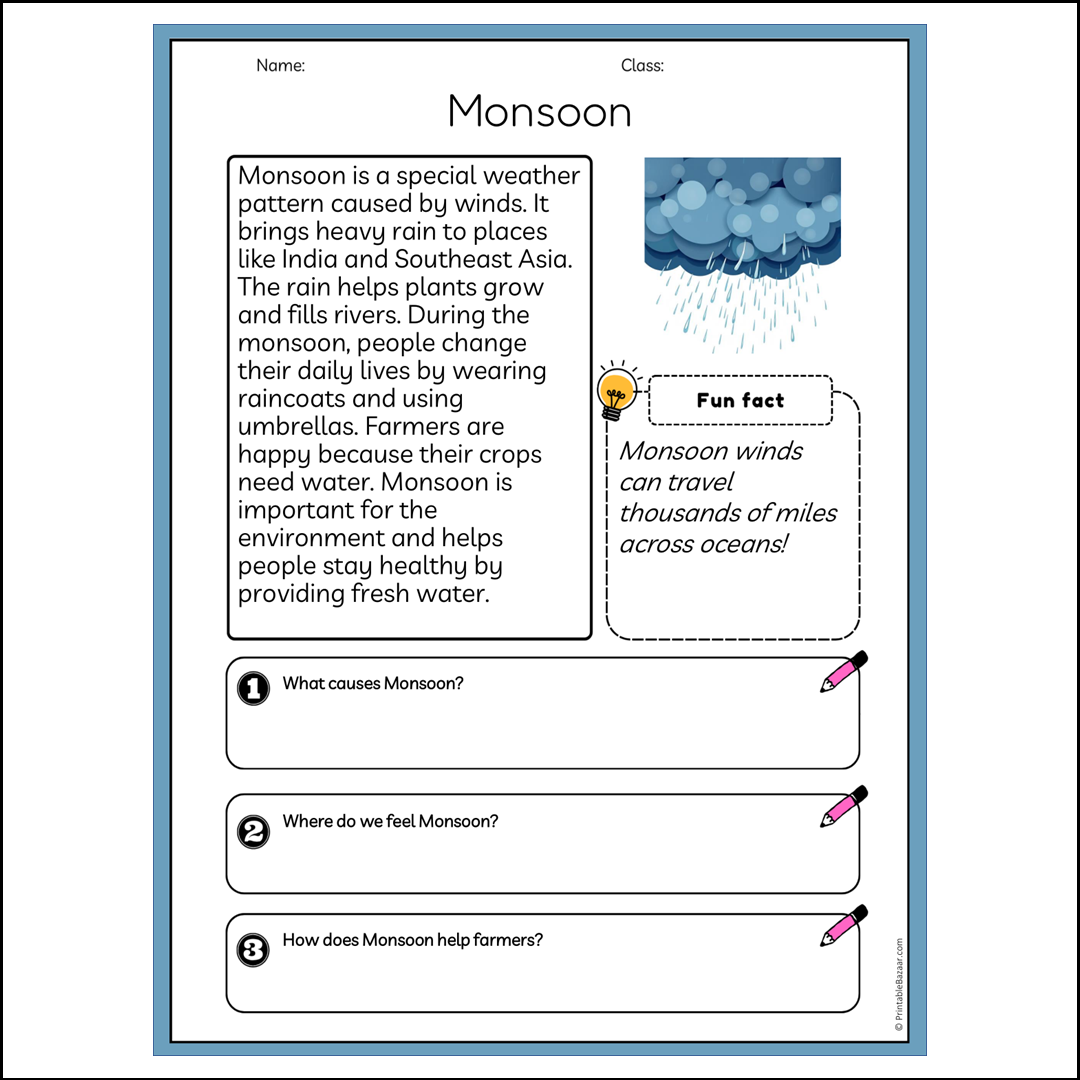 Monsoon | Reading Passage Comprehension Questions Writing Facts Worksheet