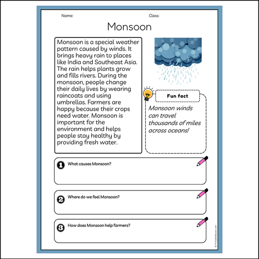 Monsoon | Reading Passage Comprehension Questions Writing Facts Worksheet