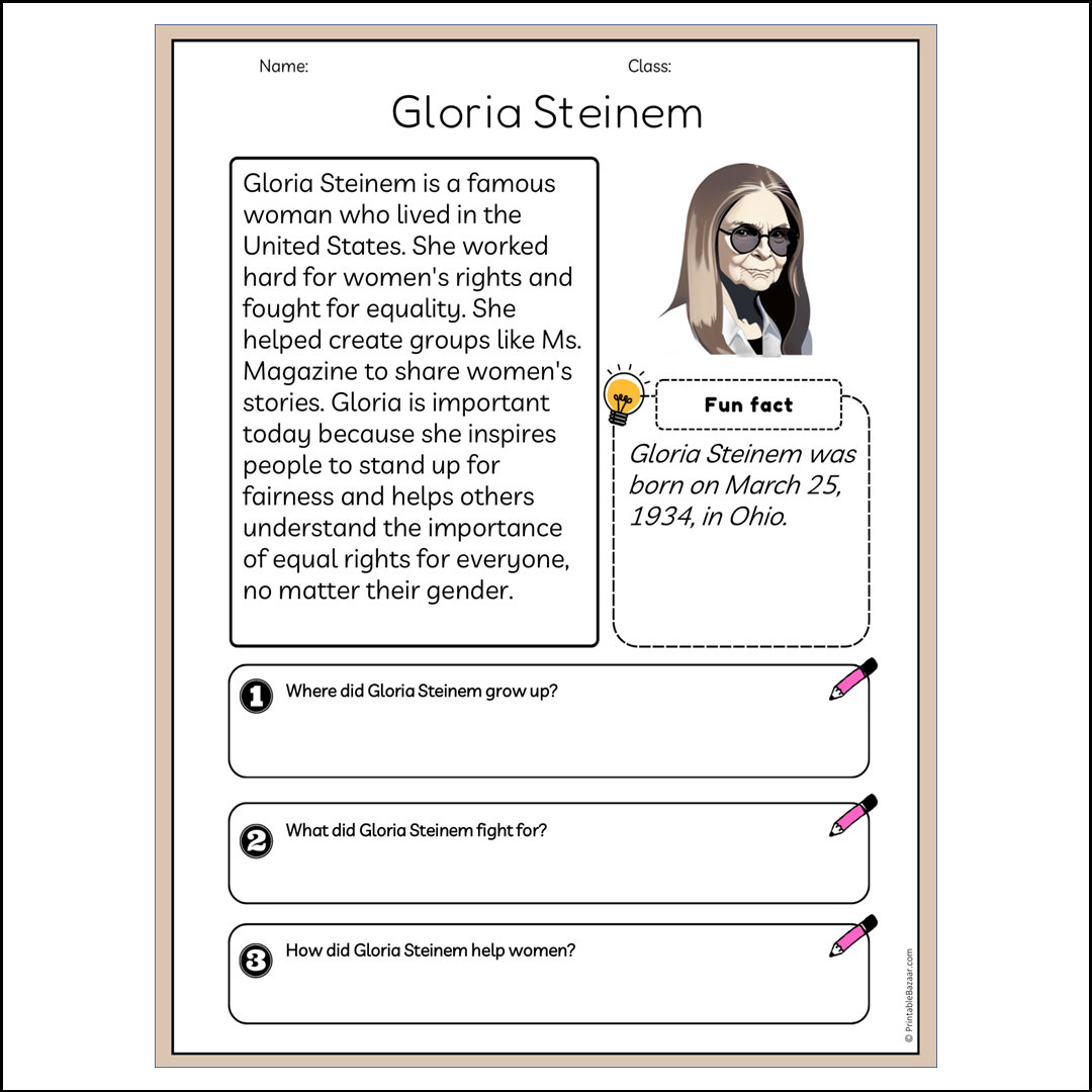 Gloria Steinem | Reading Passage Comprehension Questions Writing Facts Worksheet