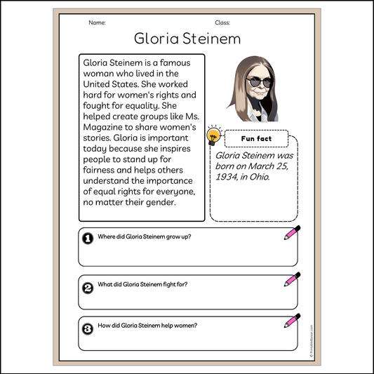 Gloria Steinem | Reading Passage Comprehension Questions Writing Facts Worksheet