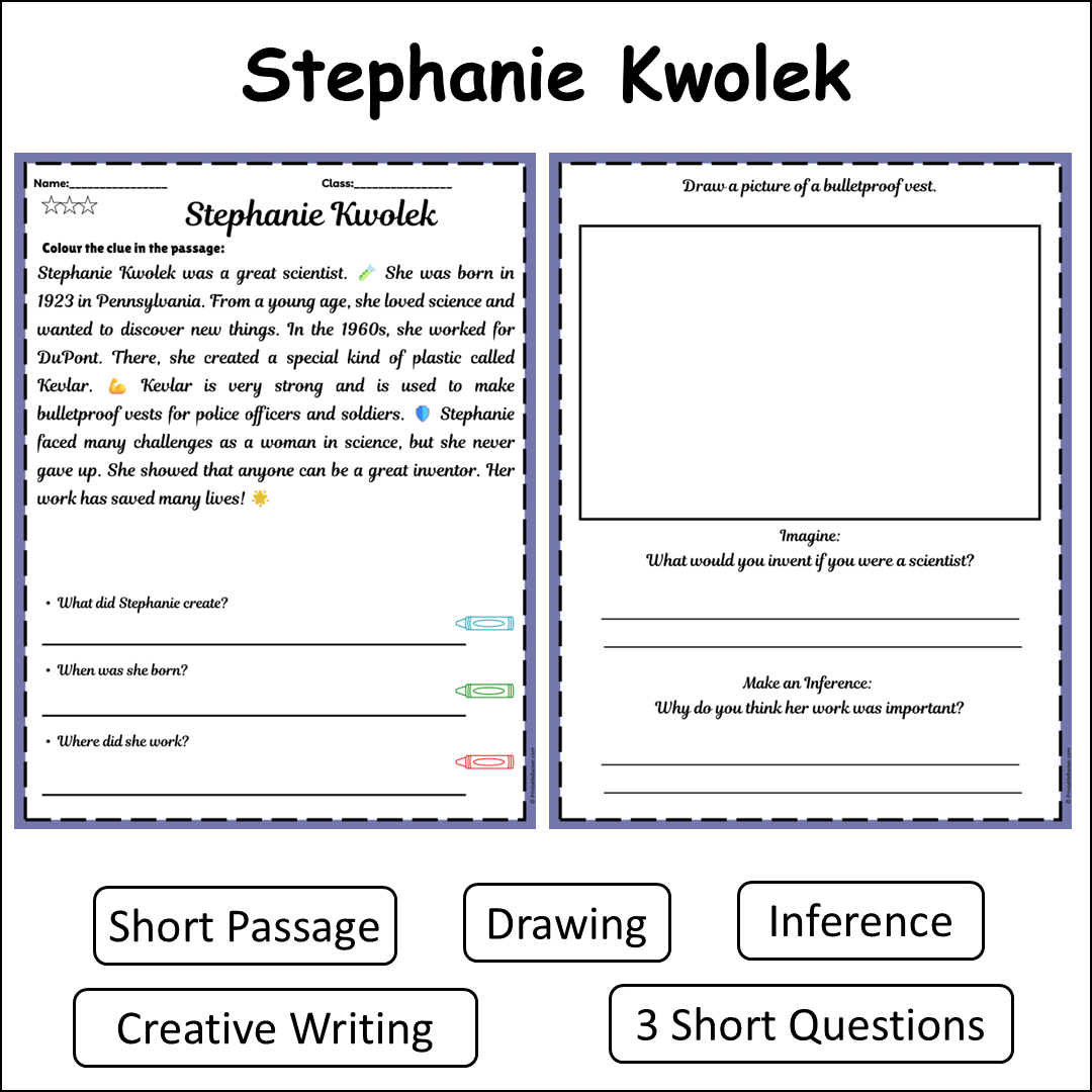 Stephanie Kwolek | Short Reading Comprehension Creative Worksheet