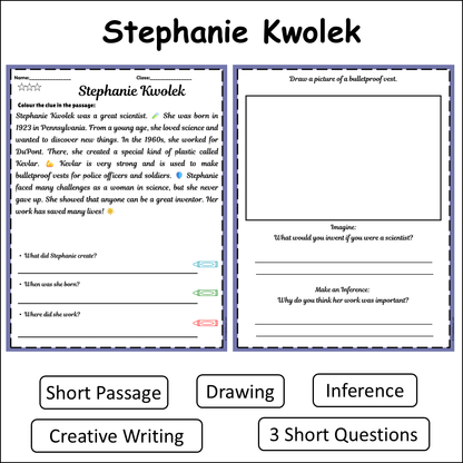 Stephanie Kwolek | Short Reading Comprehension Creative Worksheet