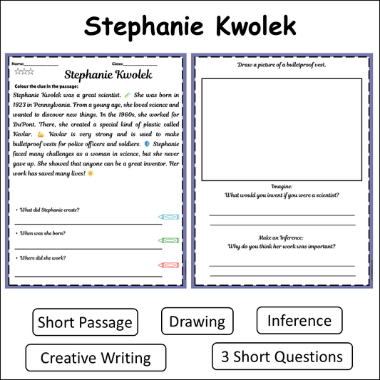 Stephanie Kwolek | Short Reading Comprehension Creative Worksheet