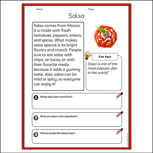 Salsa | Reading Passage Comprehension Questions Writing Facts Worksheet