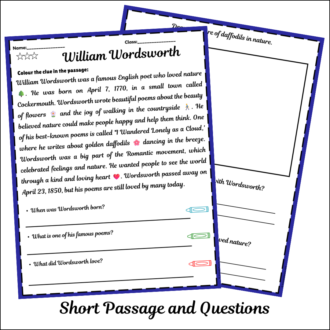 William Wordsworth | Short Reading Comprehension Creative Worksheet