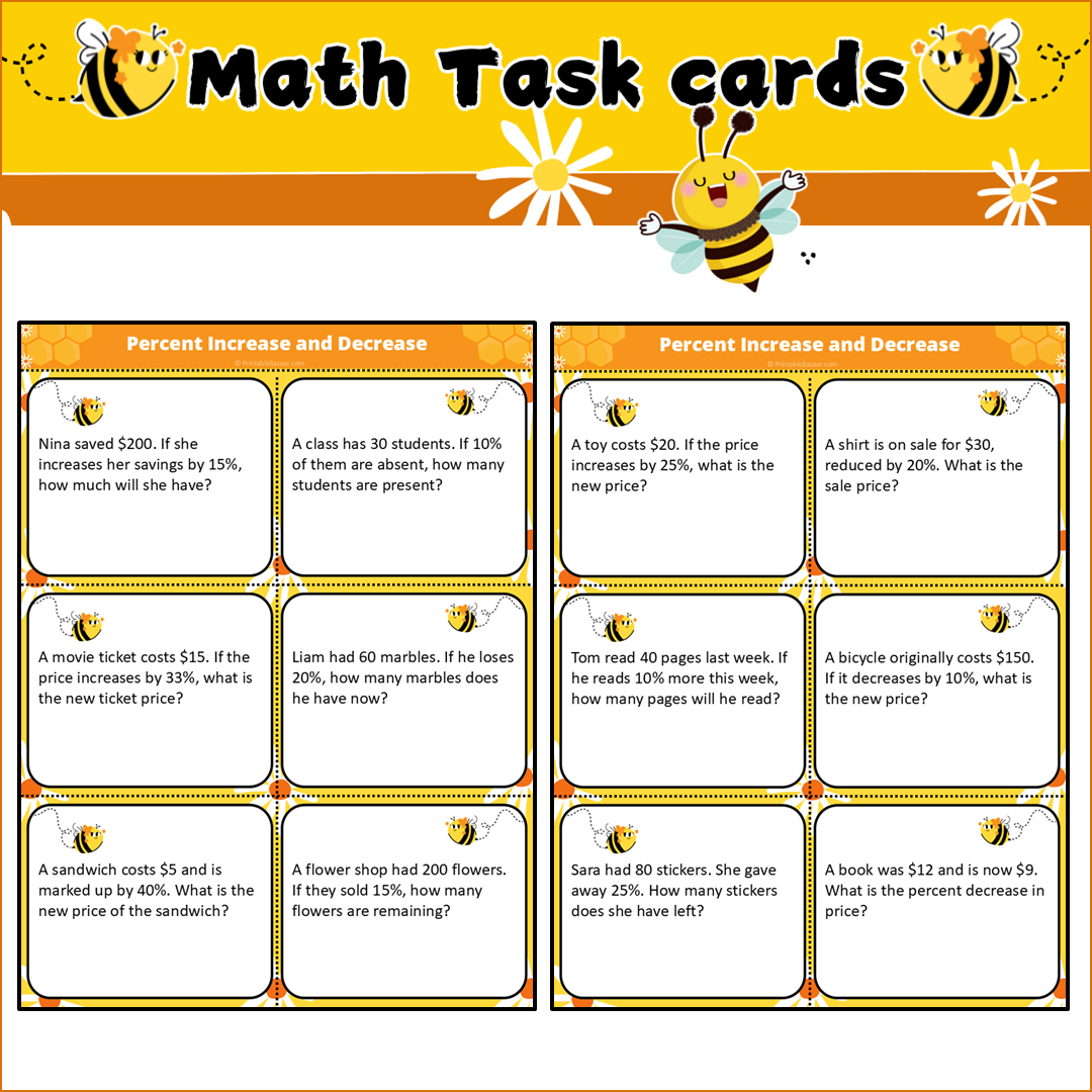 Percent Increase and Decrease | Math Task Cards