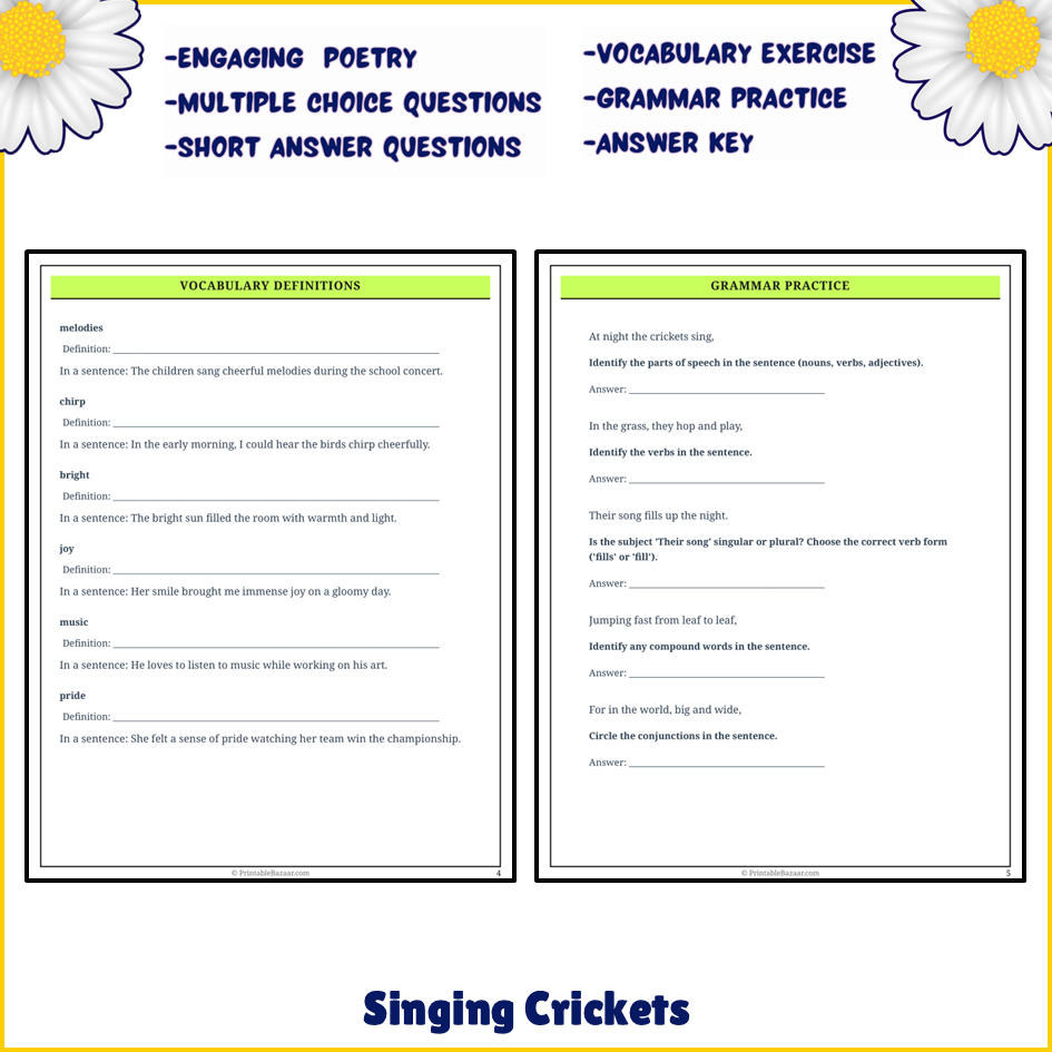 Singing Crickets | Poem Grammar Worksheet Printable Activity