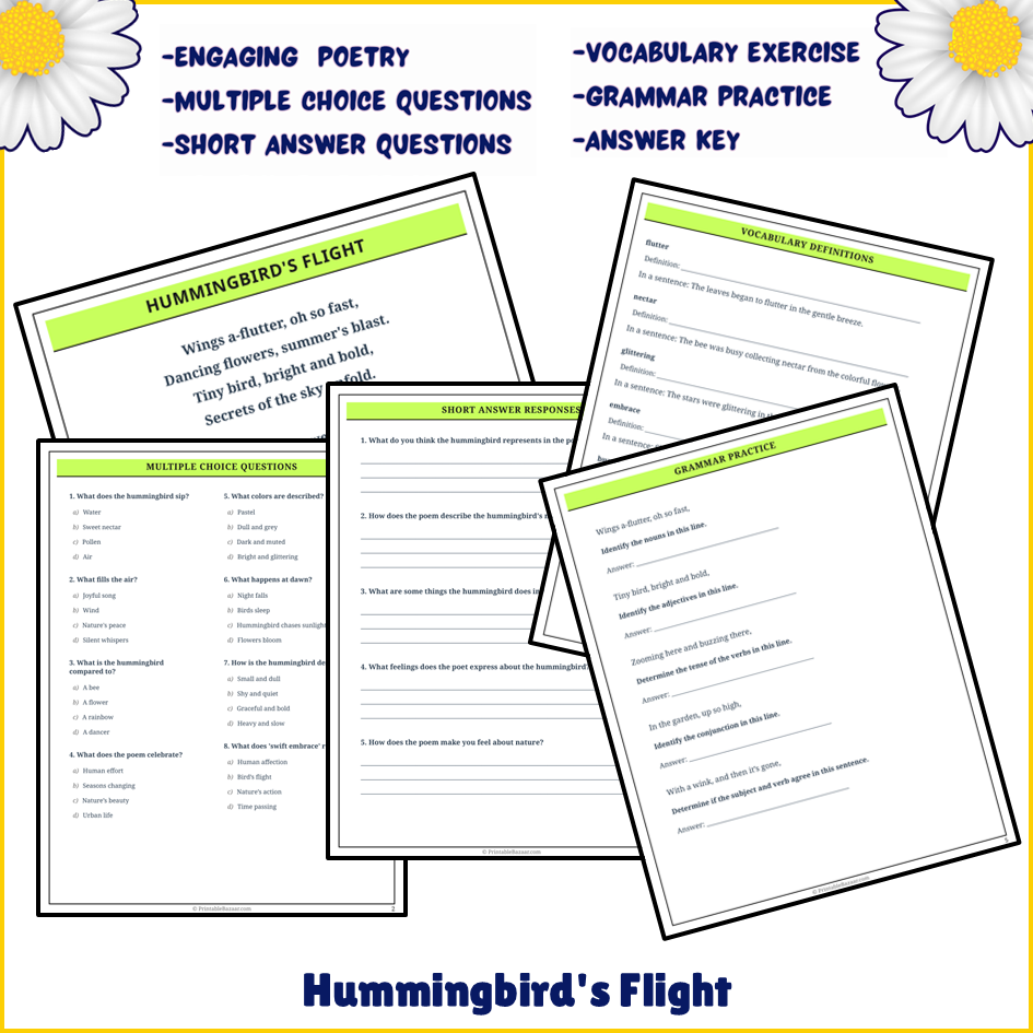 Hummingbird's Flight | Poem Grammar Worksheet Printable Activity