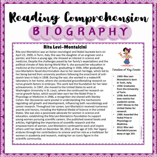 Rita Levi-Montalcini | Biography Reading Comprehension and Questions Worksheet