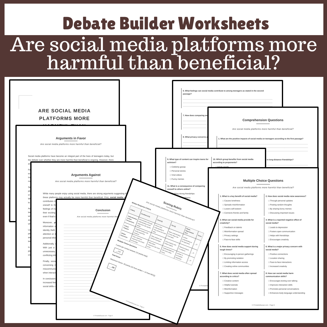 Are social media platforms more harmful than beneficial? | Favour and Against Worksheet Printable Activity