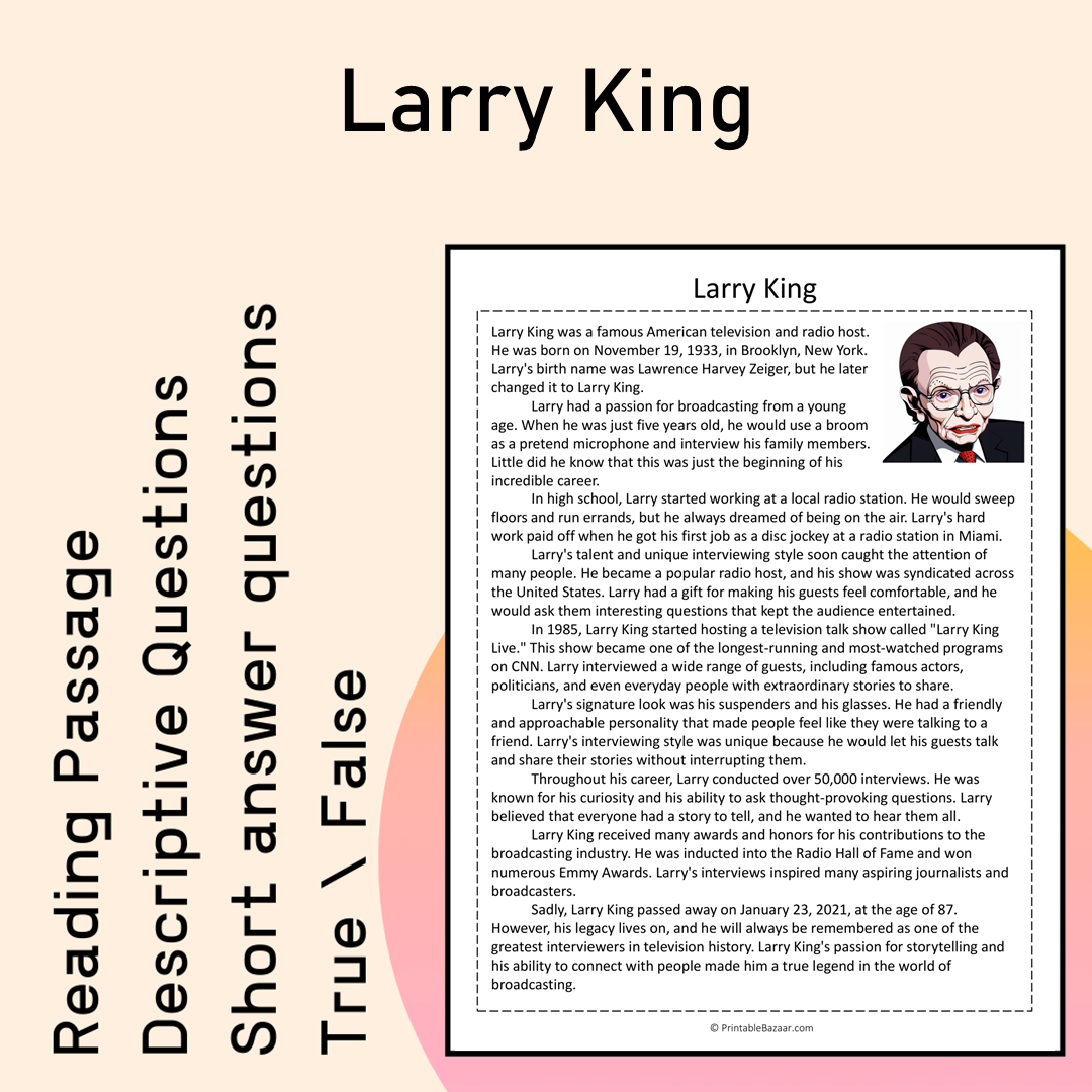 Larry King | Reading Comprehension Passage Printable Activity