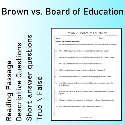 Brown vs. Board of Education | Reading Comprehension Passage Printable Worksheet