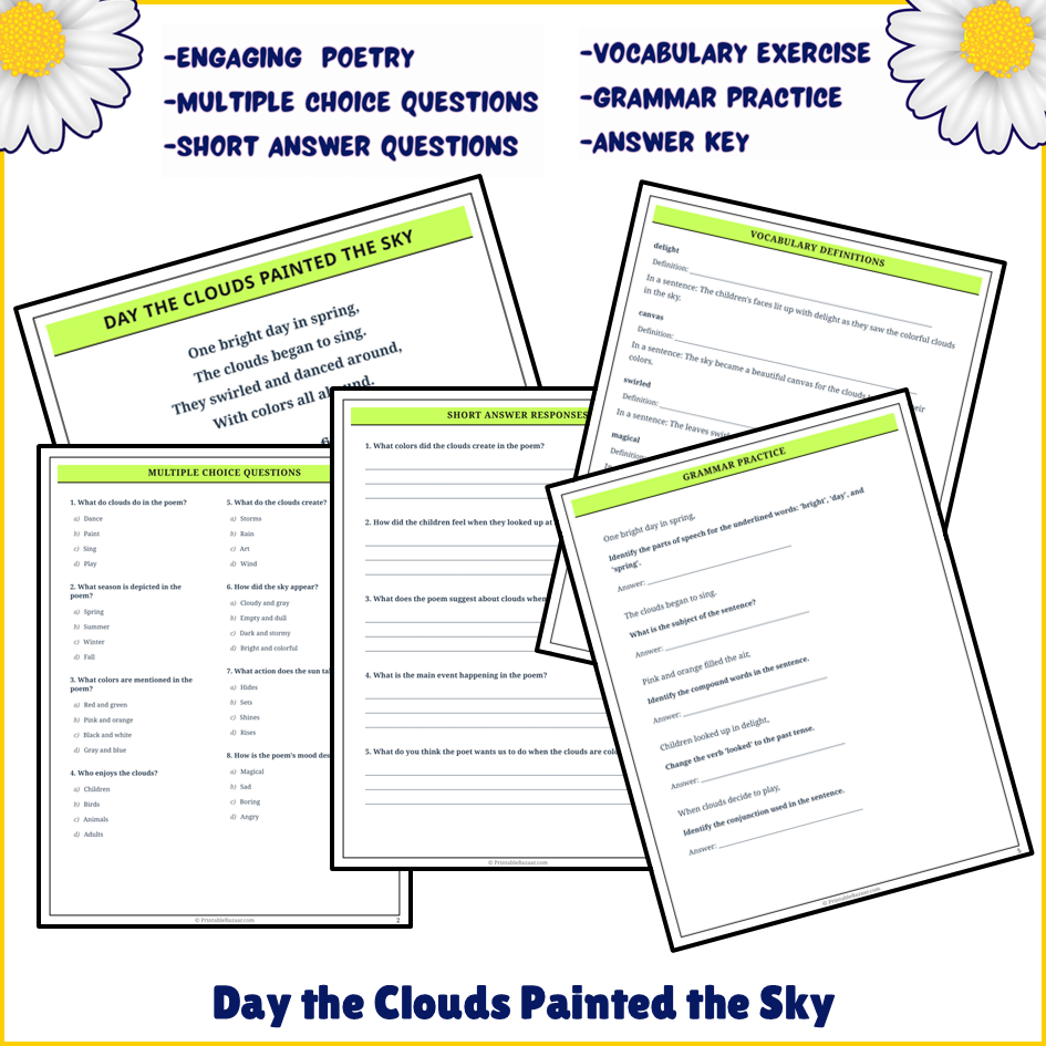 Day the Clouds Painted the Sky | Poem Grammar Worksheet Printable Activity