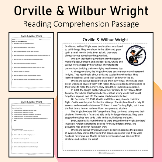 Orville & Wilbur Wright | Reading Comprehension Passage Printable Activity
