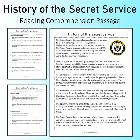History of the Secret Service | Reading Comprehension Passage Printable Worksheet