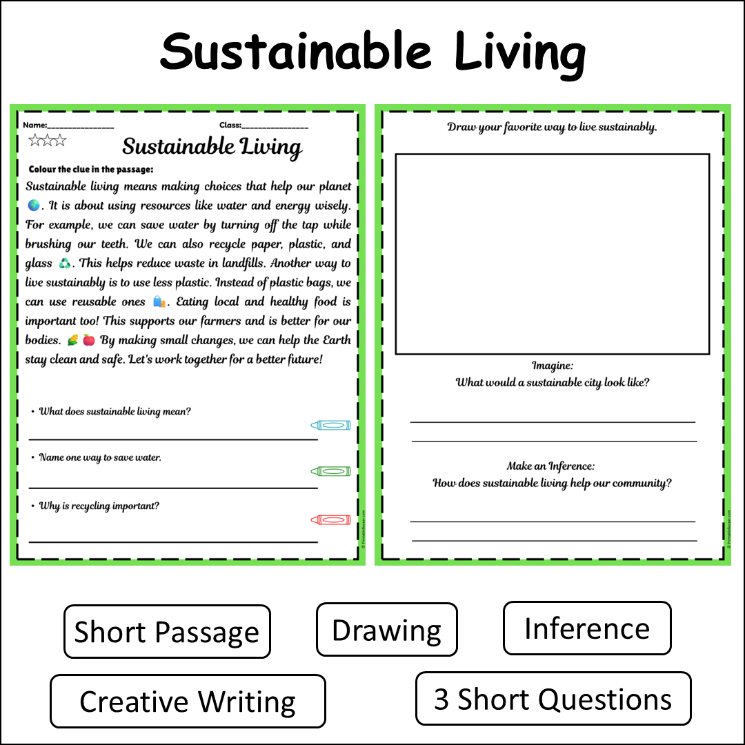 Sustainable Living | Short Reading Comprehension Creative Worksheet