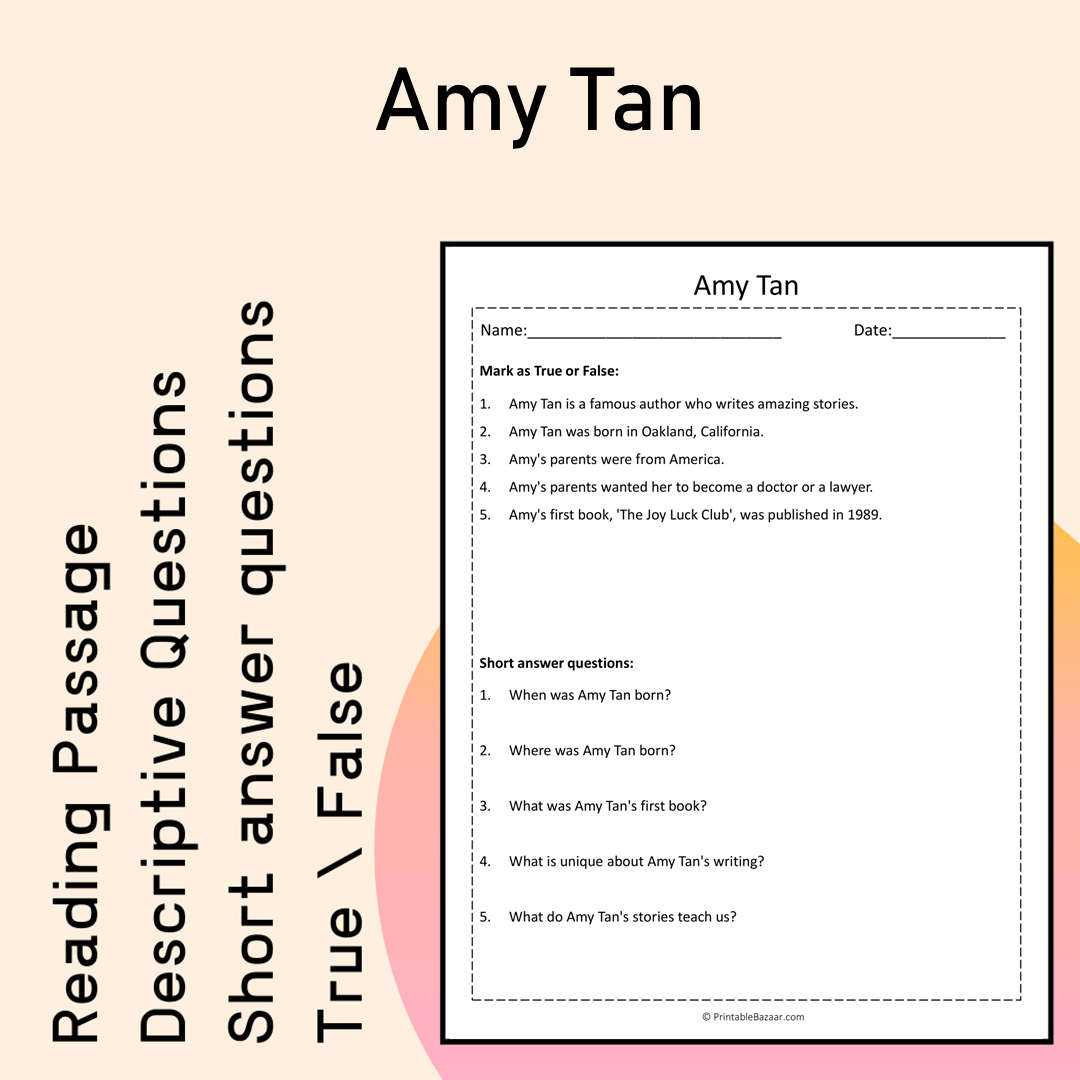 Amy Tan | Reading Comprehension Passage Printable Activity
