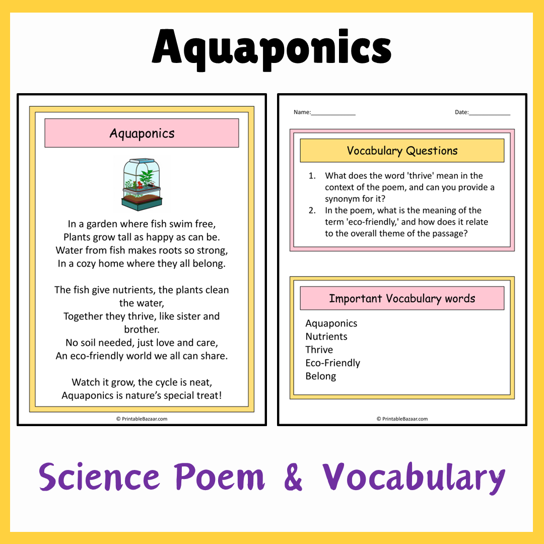 Aquaponics | Science Poem Reading Comprehension Activity