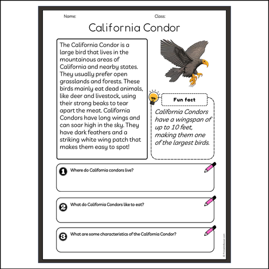 California Condor | Reading Passage Comprehension Questions Writing Facts Worksheet