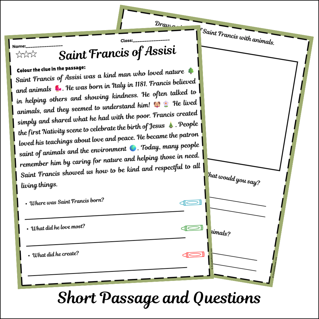 Saint Francis of Assisi | Short Reading Comprehension Creative Worksheet