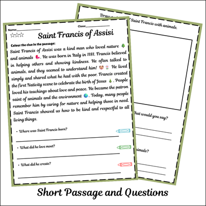 Saint Francis of Assisi | Short Reading Comprehension Creative Worksheet