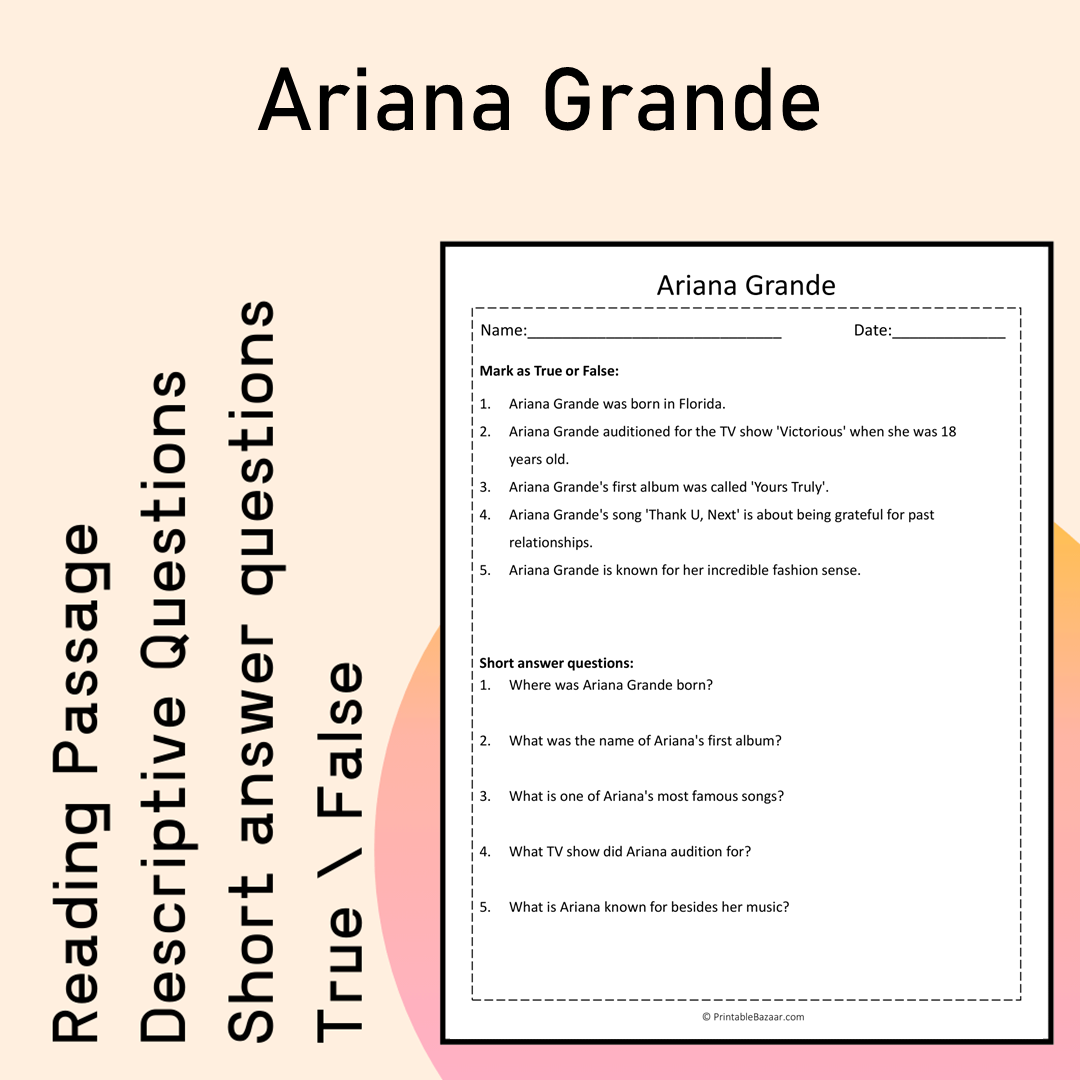Ariana Grande | Reading Comprehension Passage Printable Activity