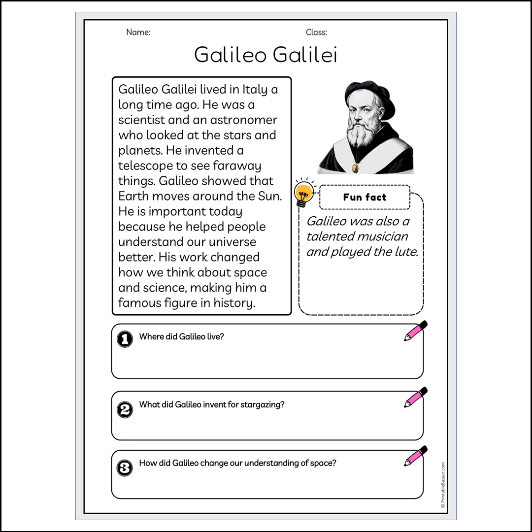 Galileo Galilei | Reading Passage Comprehension Questions Writing Facts Worksheet