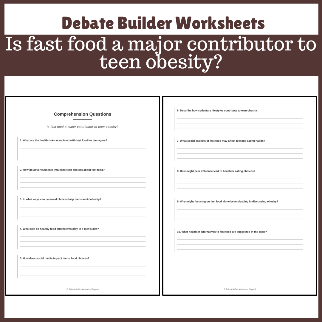 Is fast food a major contributor to teen obesity? | Favour and Against Worksheet Printable Activity