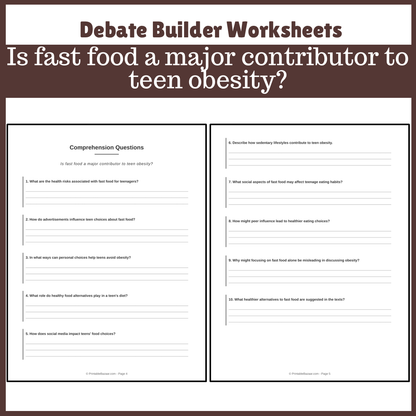 Is fast food a major contributor to teen obesity? | Favour and Against Worksheet Printable Activity