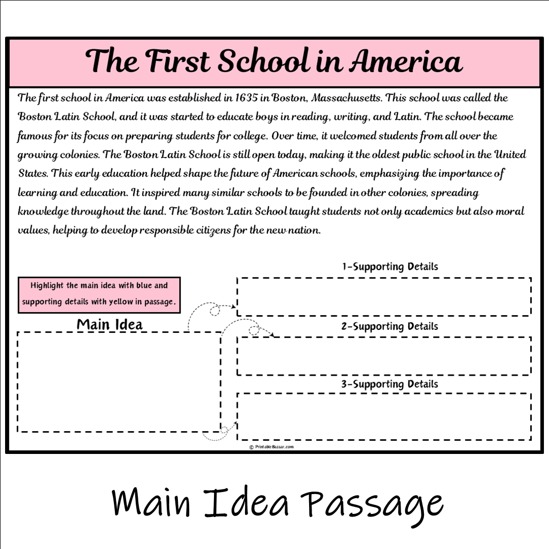 The First School in America | Main Idea and Supporting Details Reading Passage and Questions