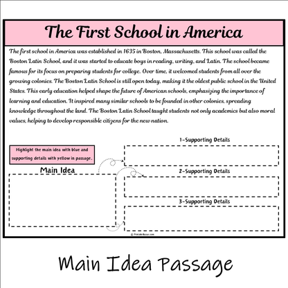 The First School in America | Main Idea and Supporting Details Reading Passage and Questions