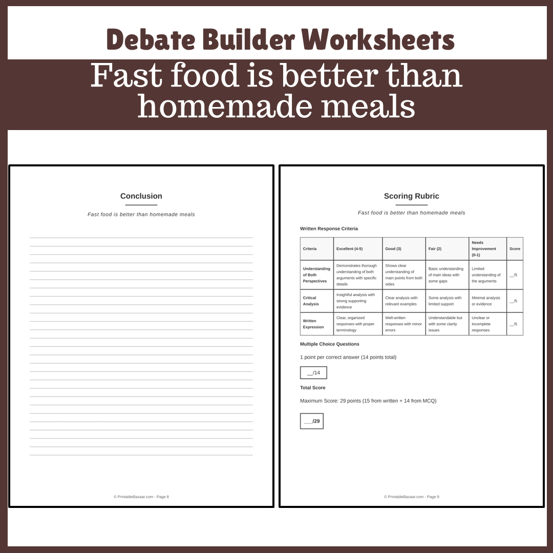 Fast food is better than homemade meals | Favour and Against Worksheet Printable Activity
