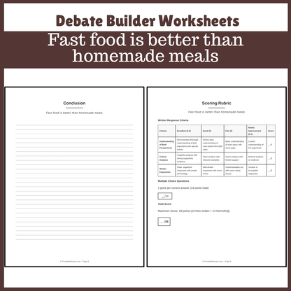 Fast food is better than homemade meals | Favour and Against Worksheet Printable Activity