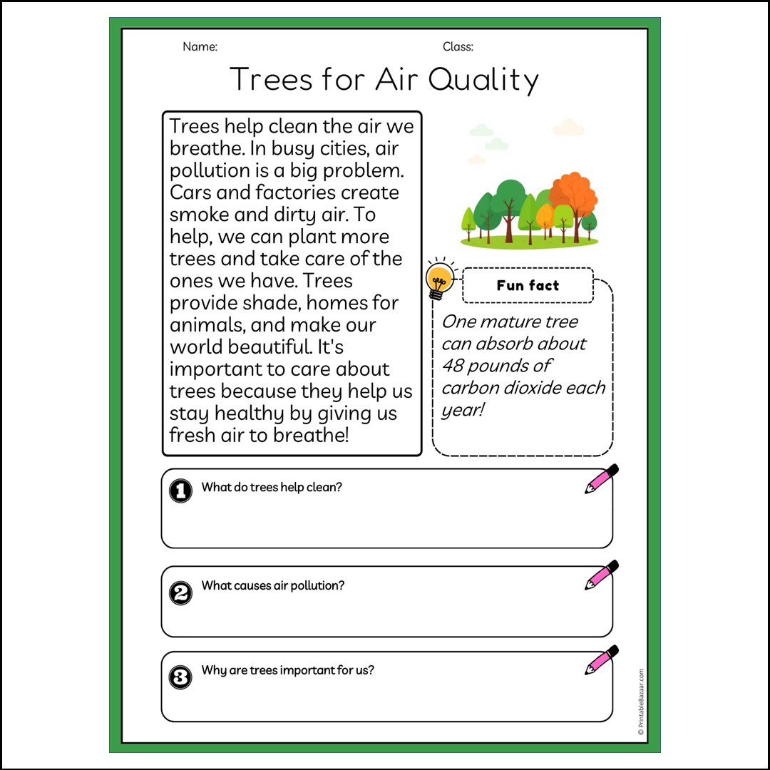 Trees for Air Quality | Reading Passage Comprehension Questions Writing Facts Worksheet