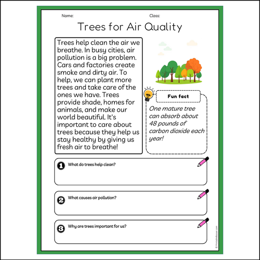 Trees for Air Quality | Reading Passage Comprehension Questions Writing Facts Worksheet