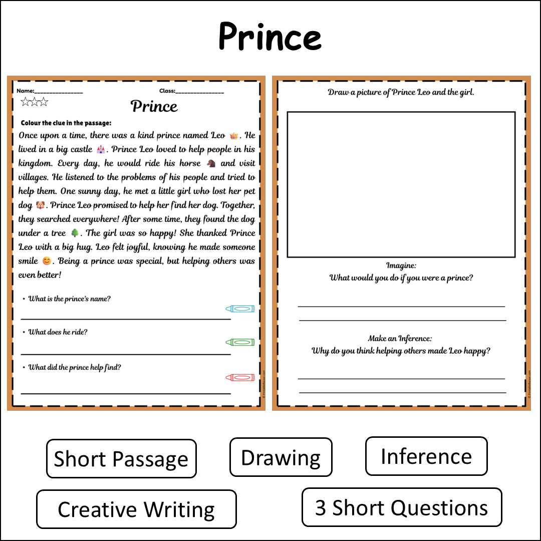 Prince | Short Reading Comprehension Creative Worksheet