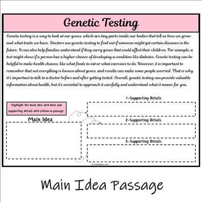 Genetic Testing | Main Idea and Supporting Details Reading Passage and Questions