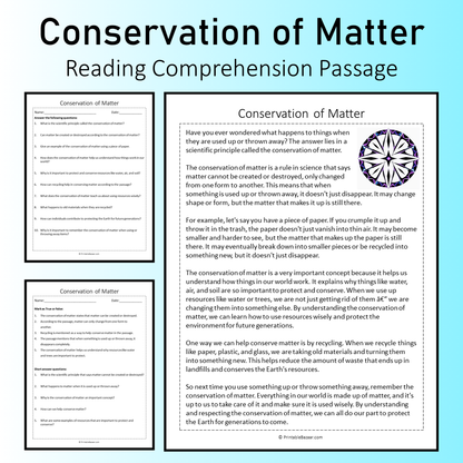 Conservation of Matter | Reading Comprehension Passage Printable Worksheet