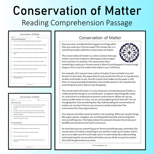 Conservation of Matter | Reading Comprehension Passage Printable Worksheet