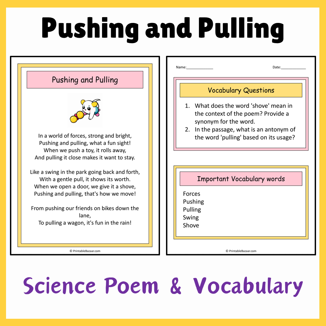 Pushing and Pulling | Science Poem Reading Comprehension Activity