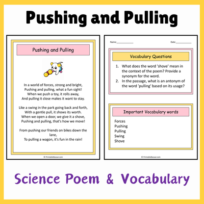 Pushing and Pulling | Science Poem Reading Comprehension Activity