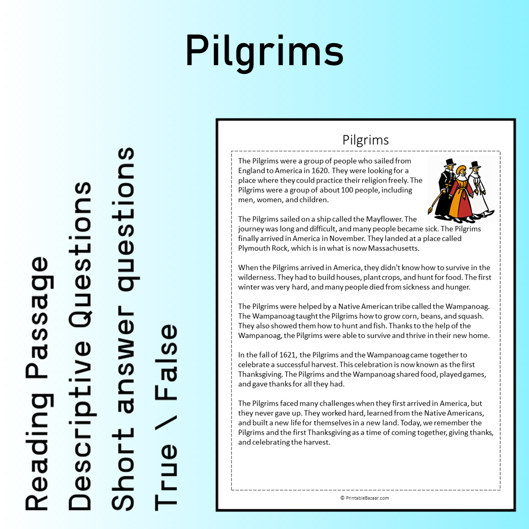 Pilgrims | Reading Comprehension Passage Printable Worksheet
