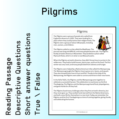 Pilgrims | Reading Comprehension Passage Printable Worksheet