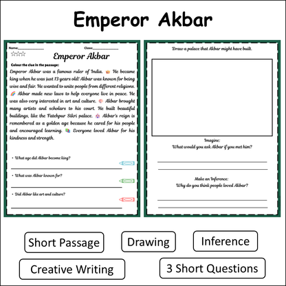 Emperor Akbar | Short Reading Comprehension Creative Worksheet