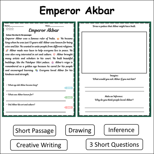 Emperor Akbar | Short Reading Comprehension Creative Worksheet