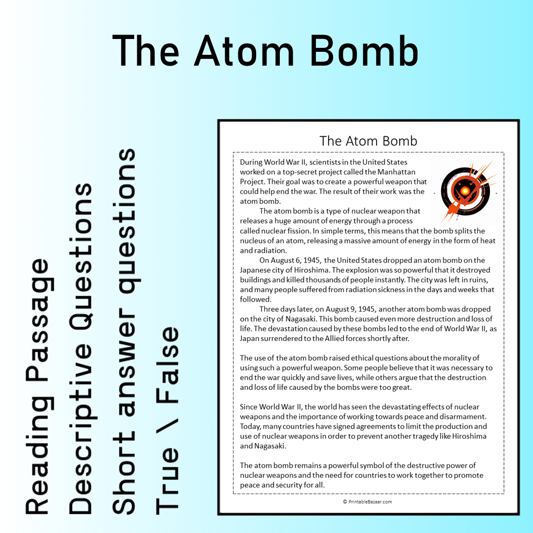 The Atom Bomb | Reading Comprehension Passage Printable Worksheet