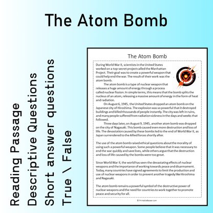 The Atom Bomb | Reading Comprehension Passage Printable Worksheet