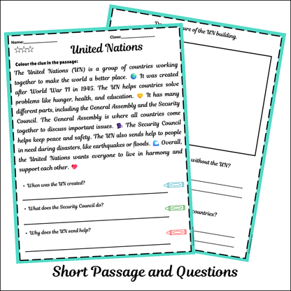 United Nations | Short Reading Comprehension Creative Worksheet